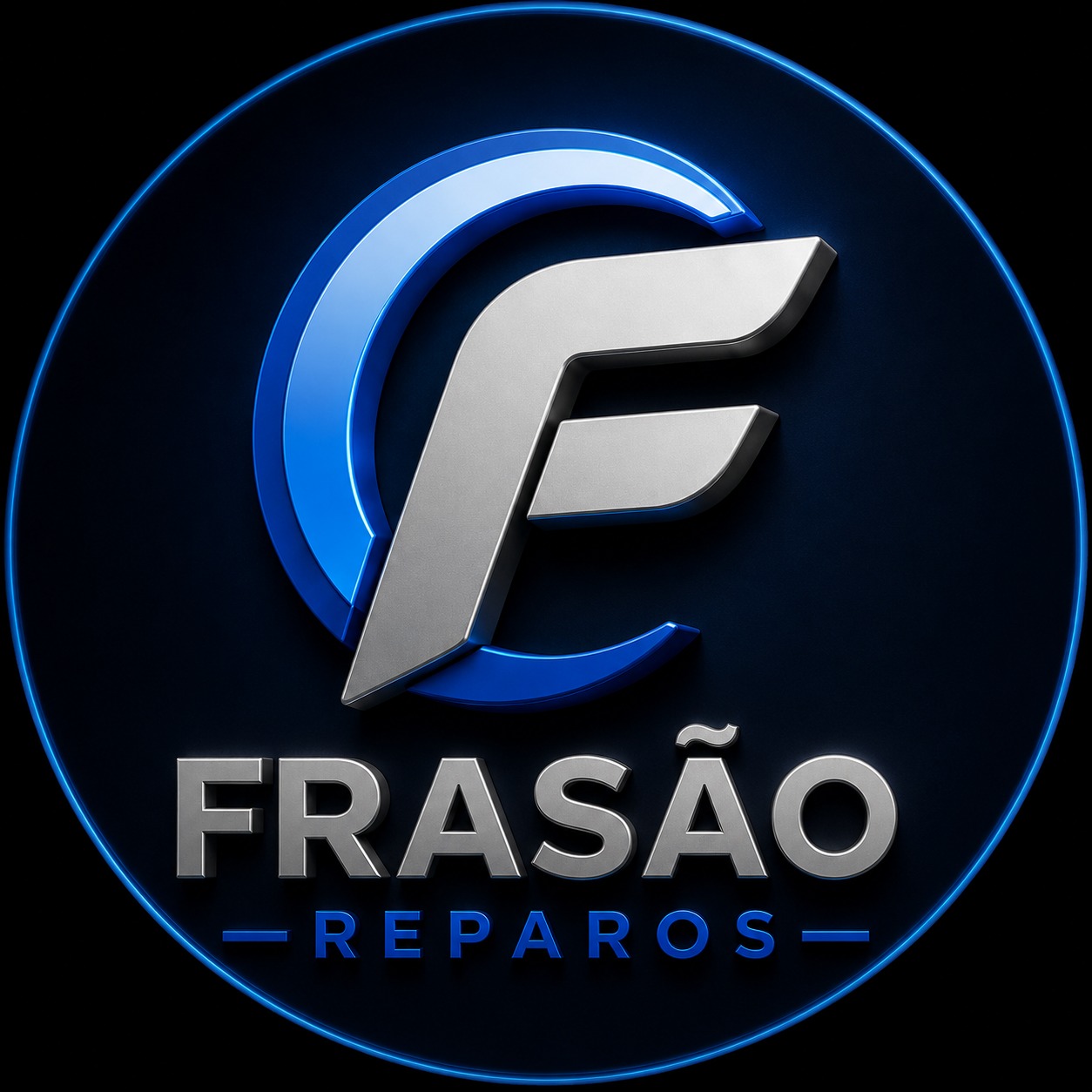 Logotipo metálico azul e prata da Frasão Reparos